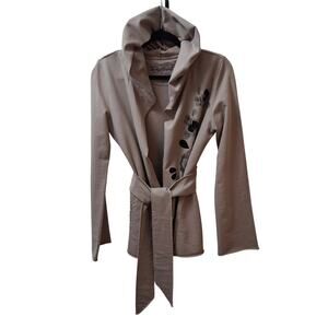 Lucky Brand Women Open Front Hooded Cardigan Raw Edges Long Sleeve Belt Tan-M